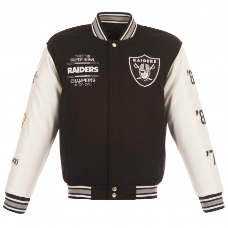 RAIDERS SUPER BOWL REVERSIBLE FAUX LEATHER SLEEVED WOOL JACKET